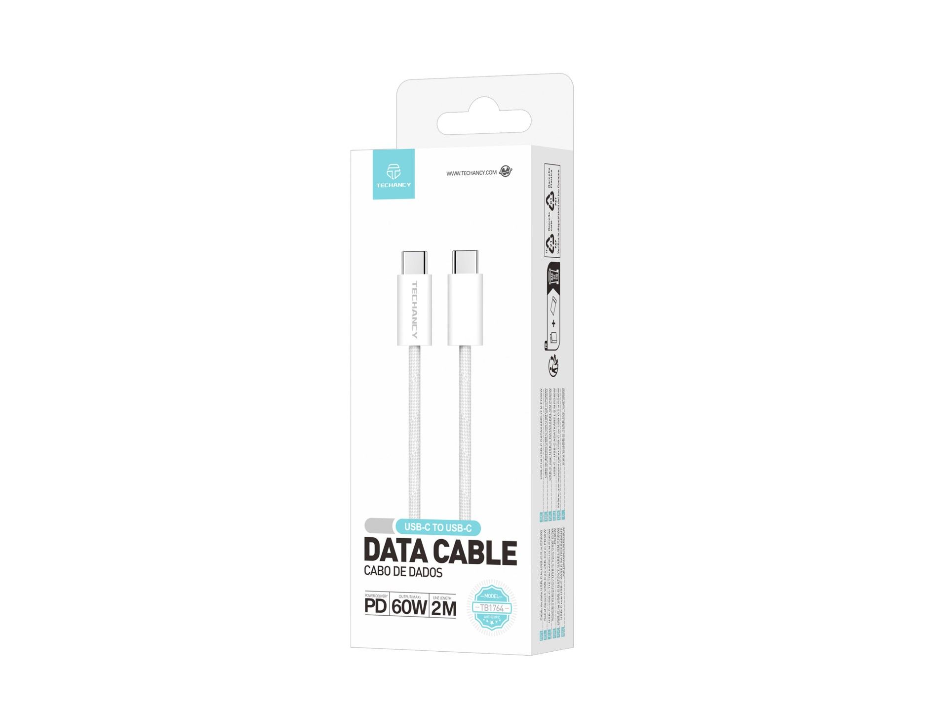 Cable USB-C a USB-C TECHANCY TB1764, 2 m, PD 60 W, carga rápida y transferencia de datos, textura tr
