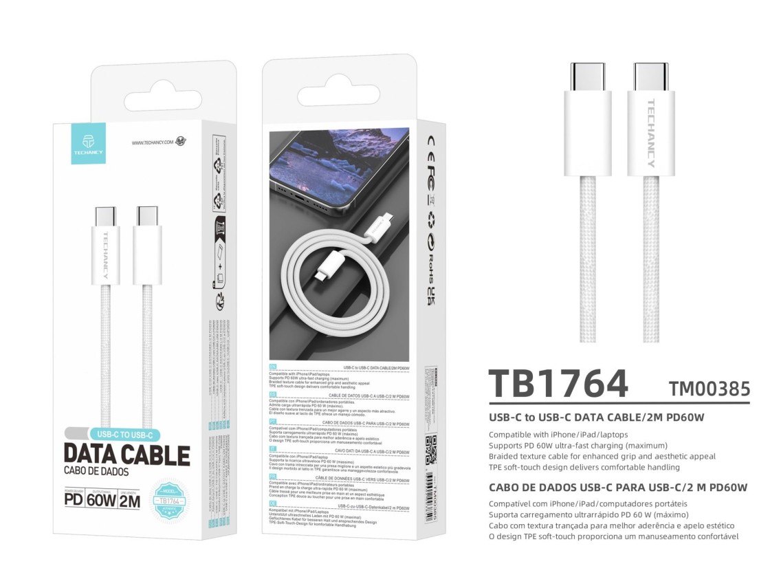 Cable USB-C a USB-C TECHANCY TB1764, 2 m, PD 60 W, carga r�pida y transferencia de datos, textura tr