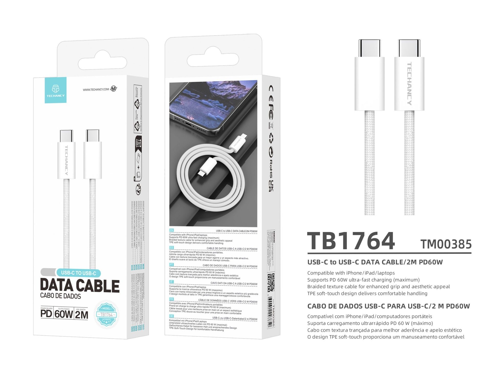 Cable USB-C a USB-C TECHANCY TB1764, 2 m, PD 60 W, carga rápida y transferencia de datos, textura tr