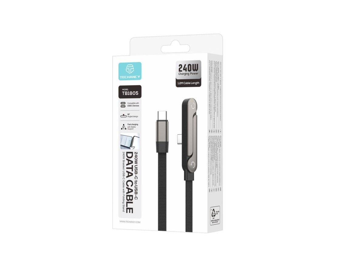 Cable USB-C a USB-C TECHANCY TB1805 de 240 W, 1,2 m, soporte plegable, nailon trenzado, conector de 