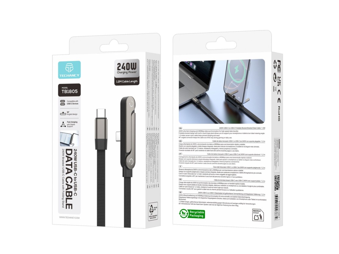 Cable USB-C a USB-C TECHANCY TB1805 de 240 W, 1,2 m, soporte plegable, nailon trenzado, conector de 