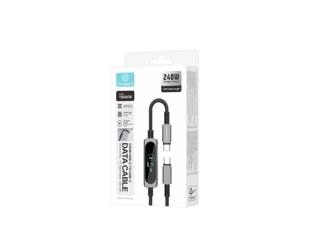 Cable USB-C a USB-C TECHANCY TB1806 de 240 W, PD 3.1, 1,2 m, pantalla t�ctil TFT, trenzado de nailon