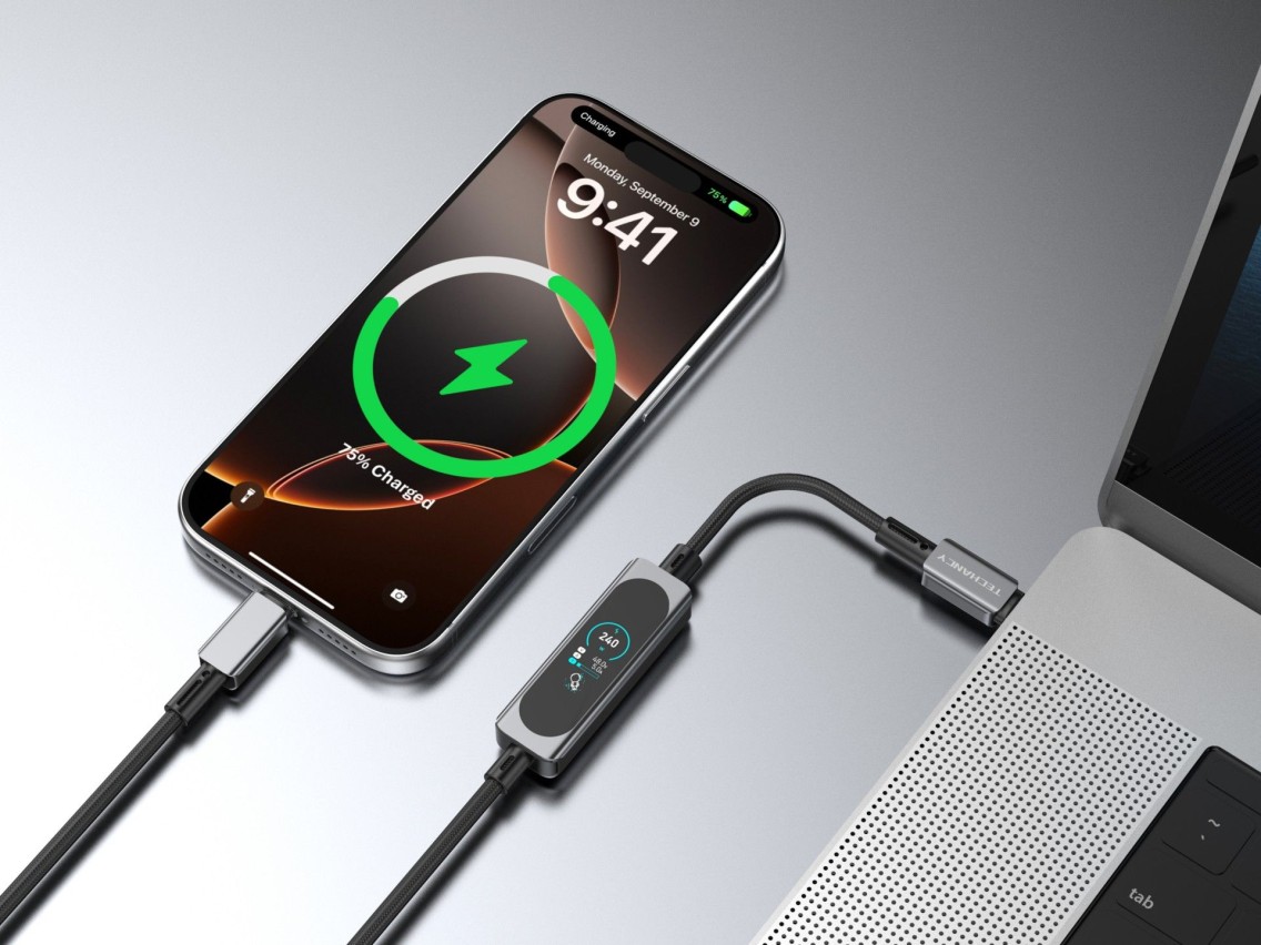 Cable USB-C a USB-C TECHANCY TB1806 de 240 W, PD 3.1, 1,2 m, pantalla t�ctil TFT, trenzado de nailon