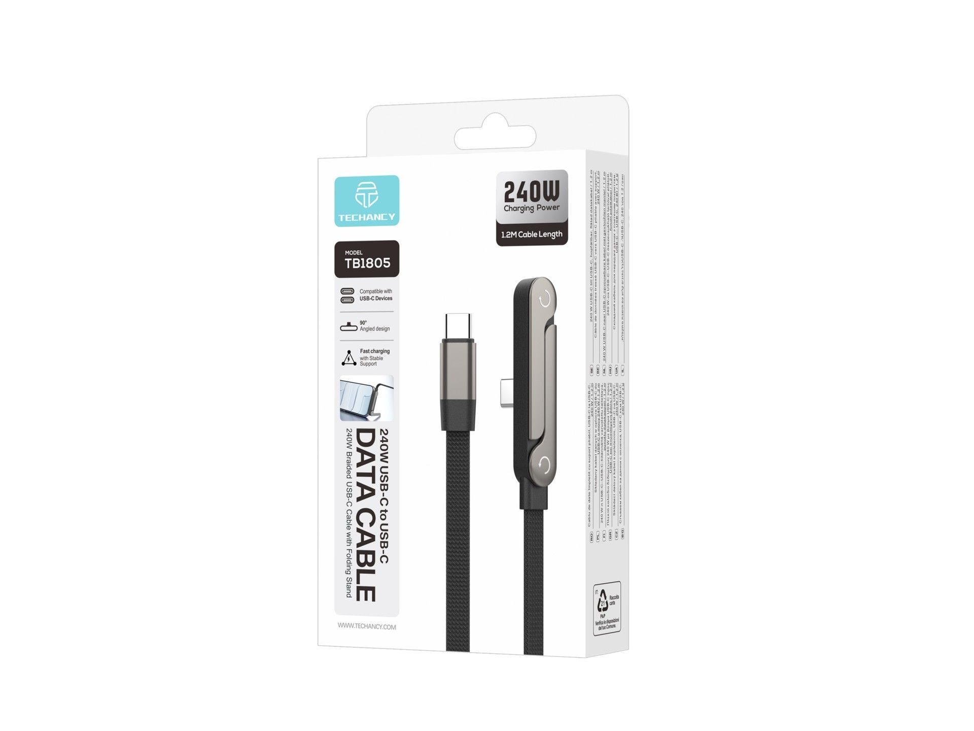 Cable USB-C a USB-C TECHANCY TB1805 de 240 W, 1,2 m, soporte plegable, nailon trenzado, conector de