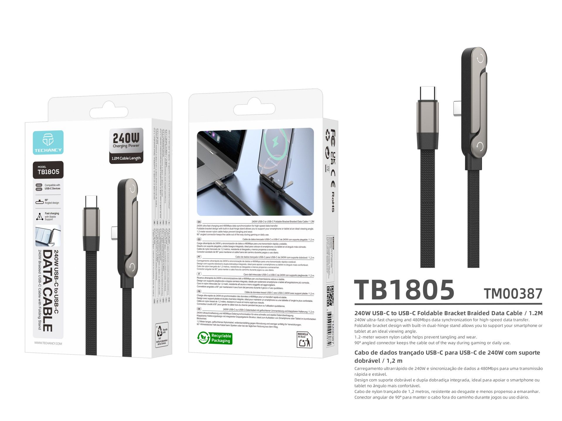 Cable USB-C a USB-C TECHANCY TB1805 de 240 W, 1,2 m, soporte plegable, nailon trenzado, conector de