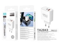 Carregador USB-C 45W TECHANCY TM02127, Carregamento Rapido PD 3.0 PPS, USB-A QC 3.0, 2 Portas, Ficha