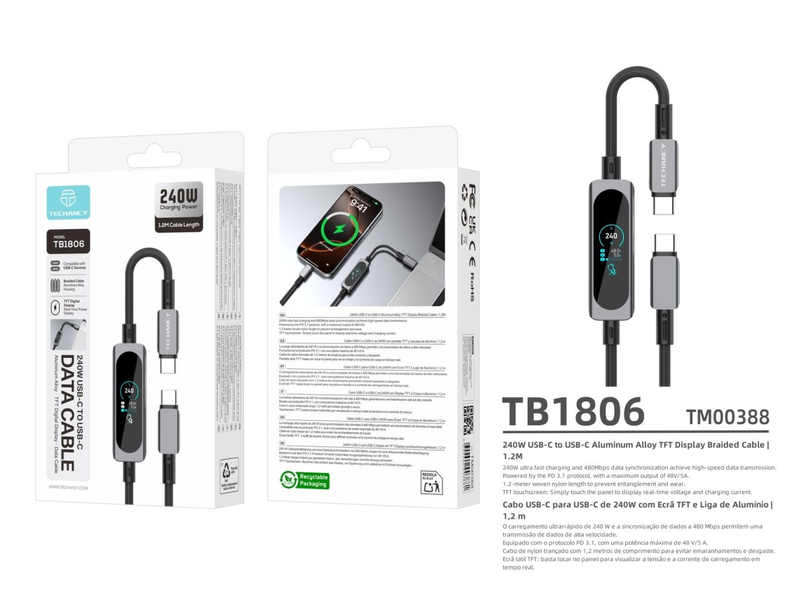 Cable USB-C a USB-C TECHANCY TB1806 de 240 W, PD 3.1, 1,2 m, pantalla t�ctil TFT, trenzado de nailon