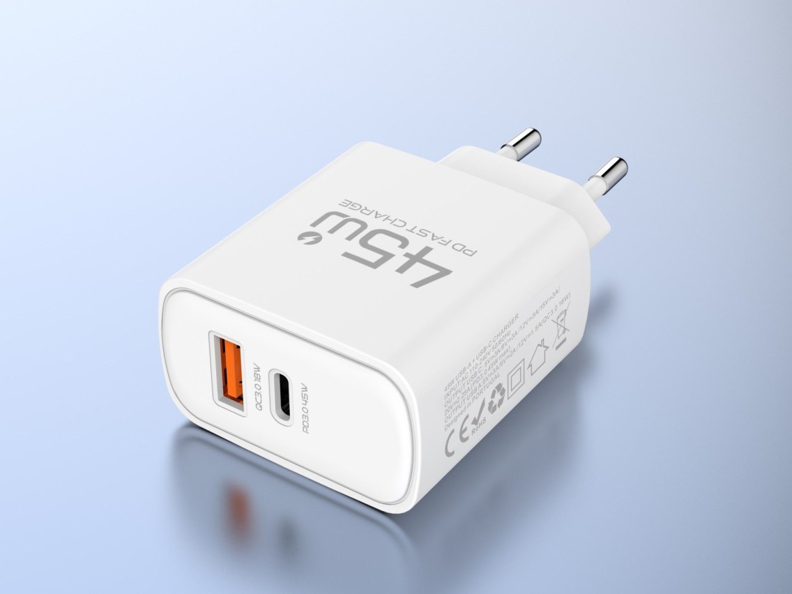 Carregador USB-C 45W TECHANCY TM02127, Carregamento Rapido PD 3.0 PPS, USB-A QC 3.0, 2 Portas, Ficha