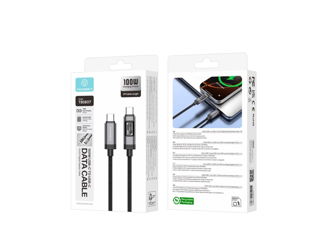 Cable USB-C a USB-C de 100 W TECHANCY TB1807, 1 m, pantalla digital OLED, trenzado de nailon, datos 