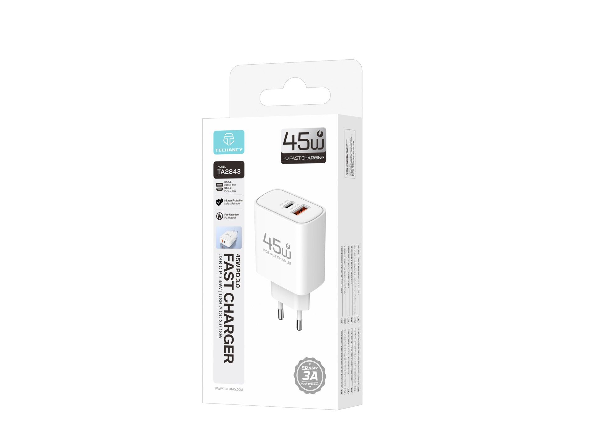 Carregador USB-C 45W TECHANCY TM02127, Carregamento Rapido PD 3.0 PPS, USB-A QC 3.0, 2 Portas, Ficha