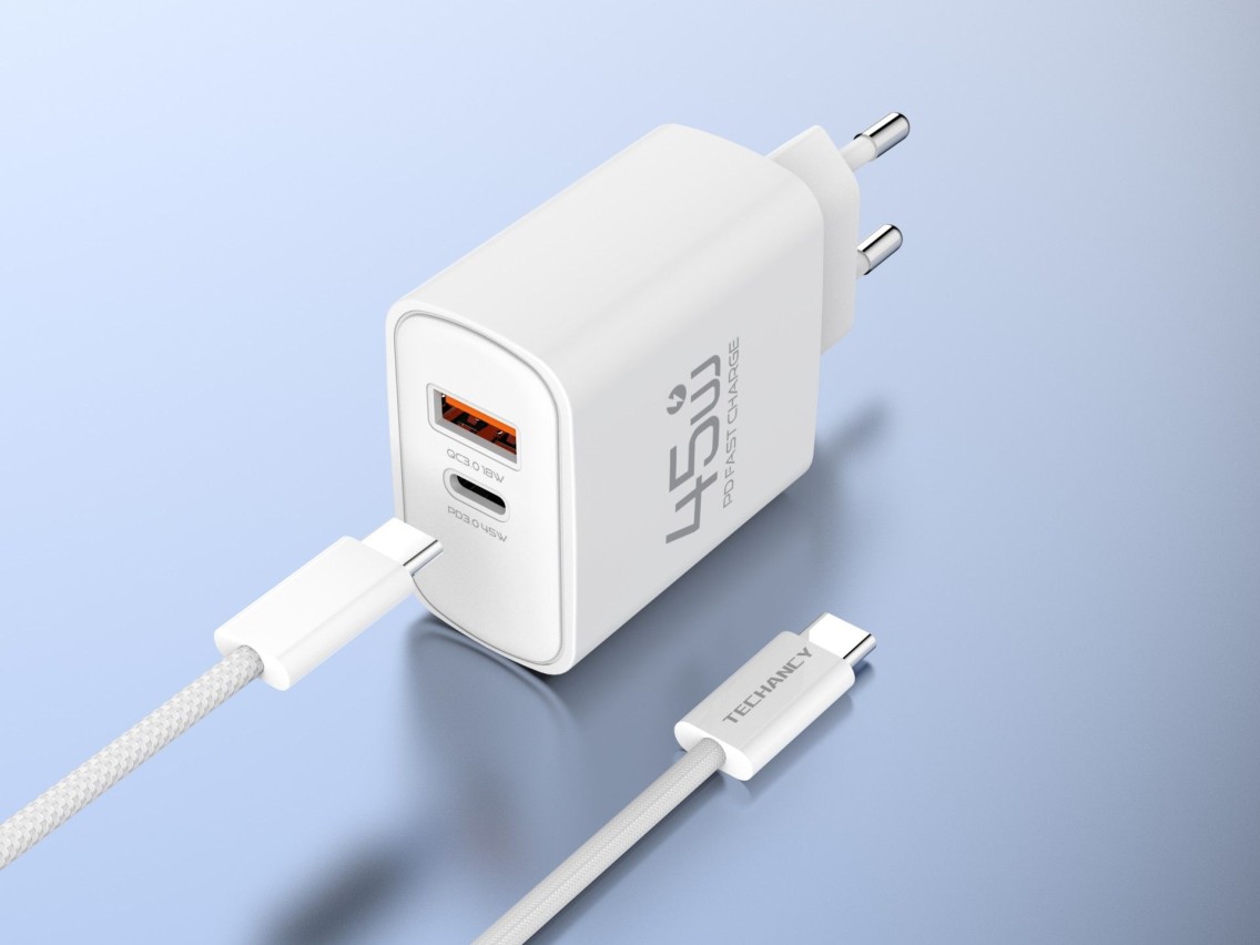 Carregador USB-C 45W TECHANCY TM02128, PD 3.0 PPS, USB-A QC 3.0, Carregamento Rapido, com Cabo USB-C