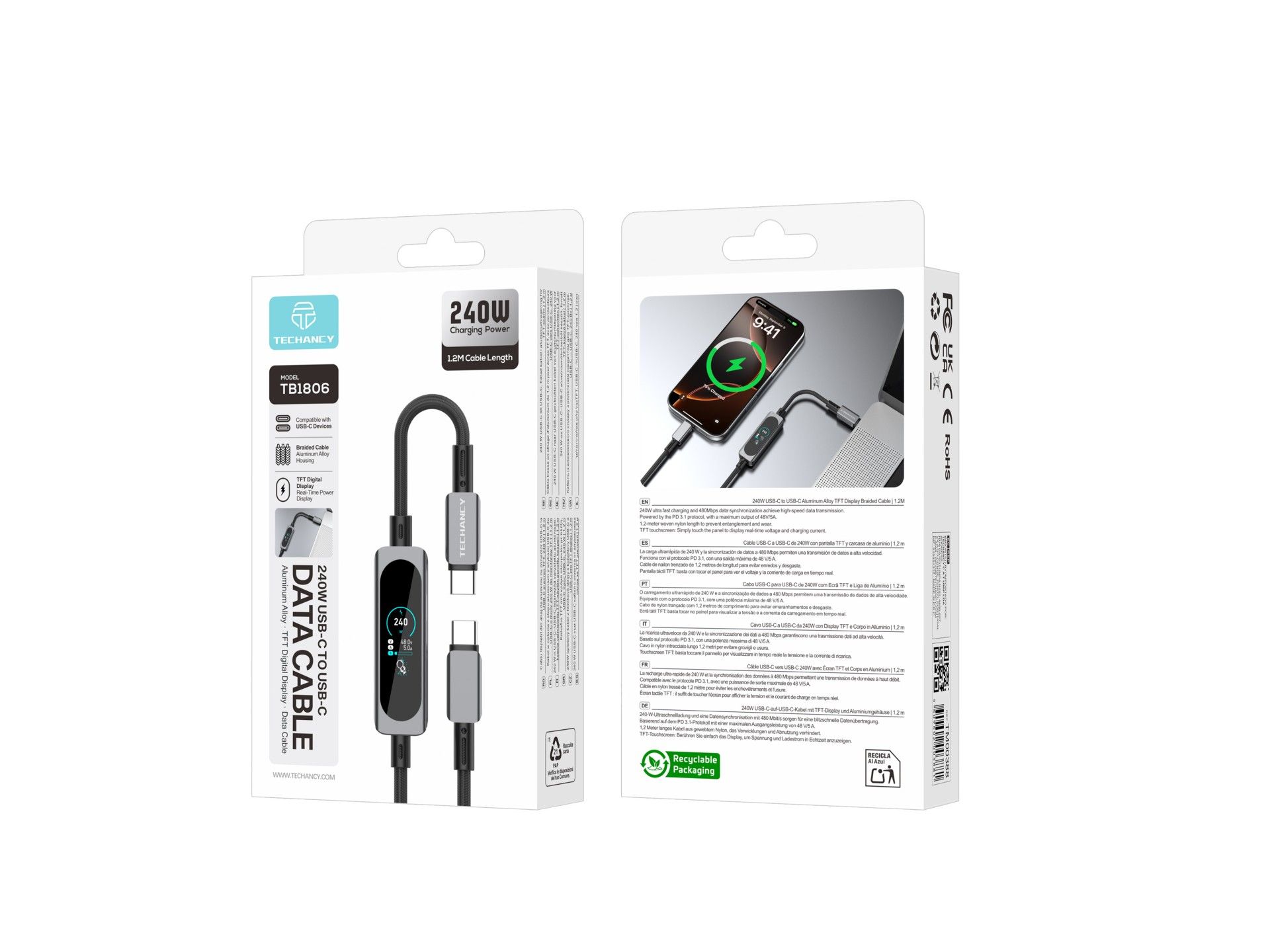 Cable USB-C a USB-C TECHANCY TB1806 de 240 W, PD 3.1, 1,2 m, pantalla táctil TFT, trenzado de nailon