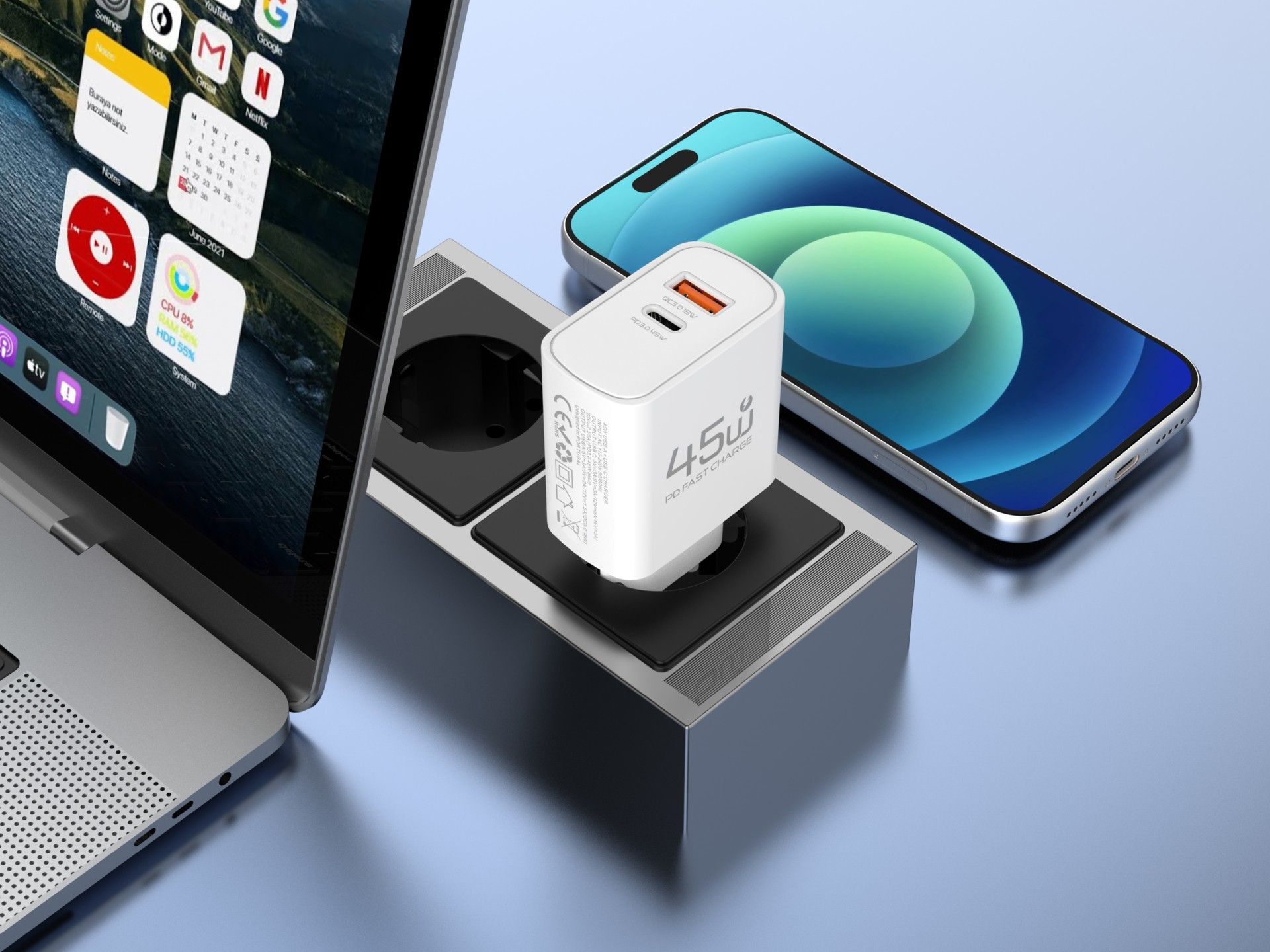 Carregador USB-C 45W TECHANCY TM02127, Carregamento Rapido PD 3.0 PPS, USB-A QC 3.0, 2 Portas, Ficha