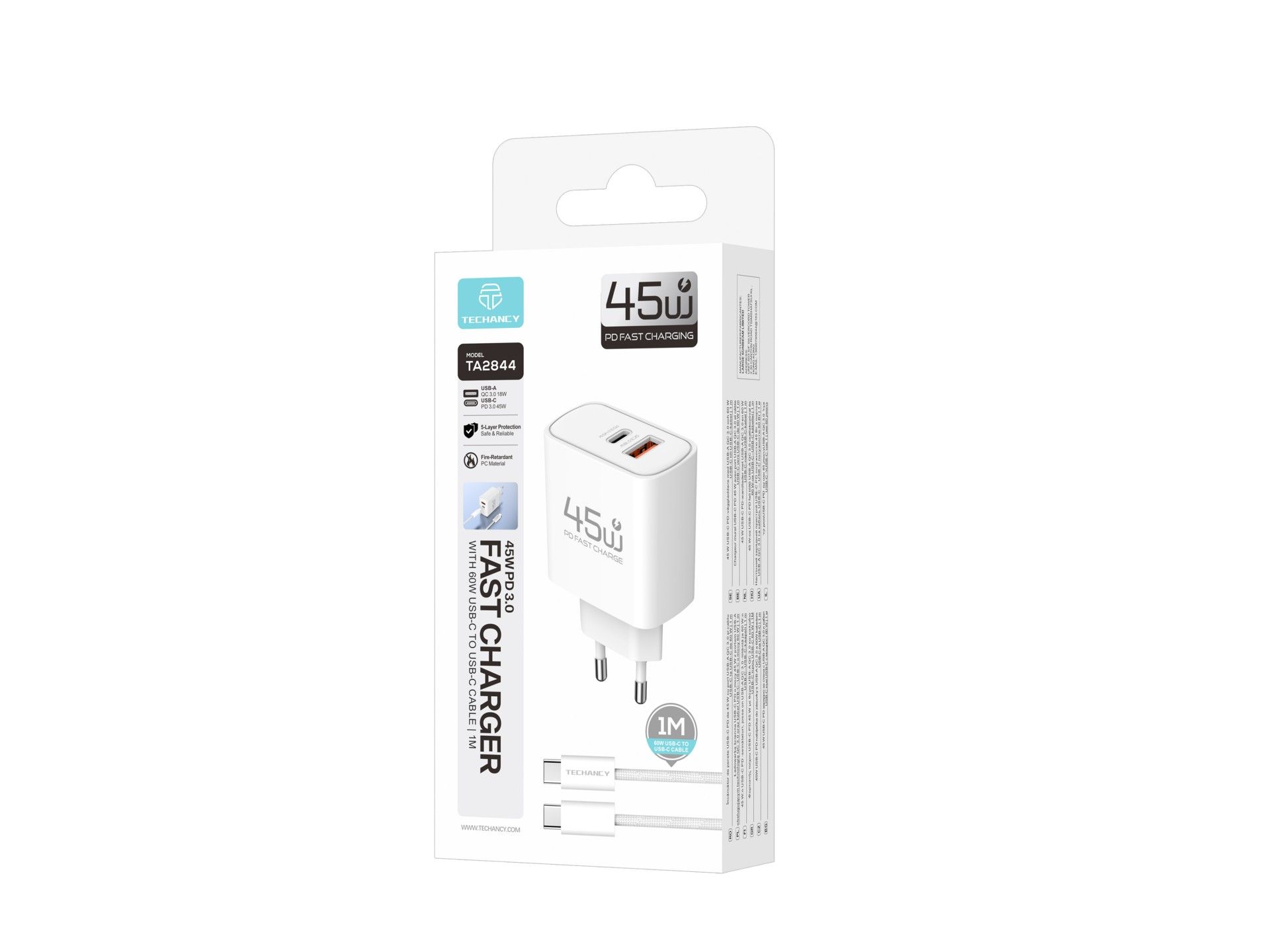 Carregador USB-C 45W TECHANCY TM02128, PD 3.0 PPS, USB-A QC 3.0, Carregamento Rapido, com Cabo USB-C