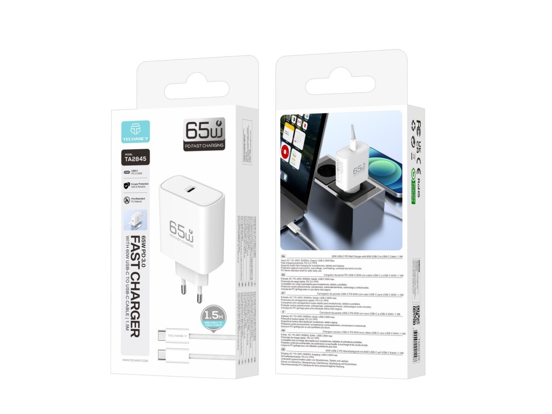Carregador USB-C 65W TECHANCY TA2845, PD 3.0 PPS, Carregamento Rapido, Cabo USB-C para USB-C 60W de 