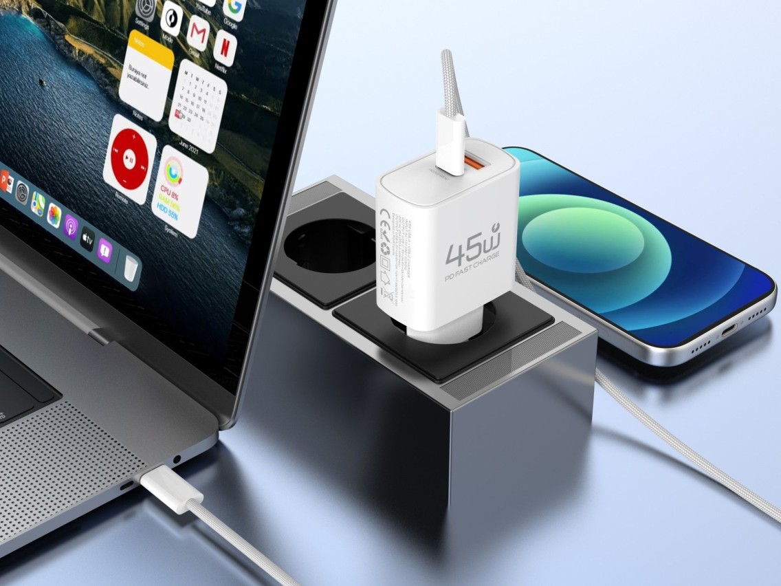 Carregador USB-C 45W TECHANCY TM02128, PD 3.0 PPS, USB-A QC 3.0, Carregamento Rapido, com Cabo USB-C