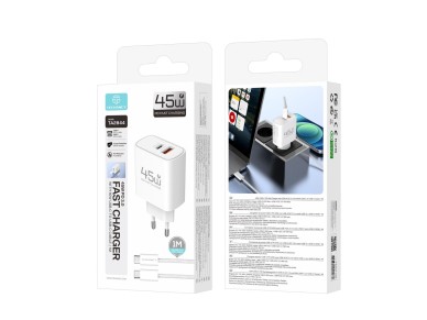 Carregador USB-C 45W TECHANCY TM02128, PD 3.0 PPS, USB-A QC 3.0, Carregamento Rapido, com Cabo USB-C