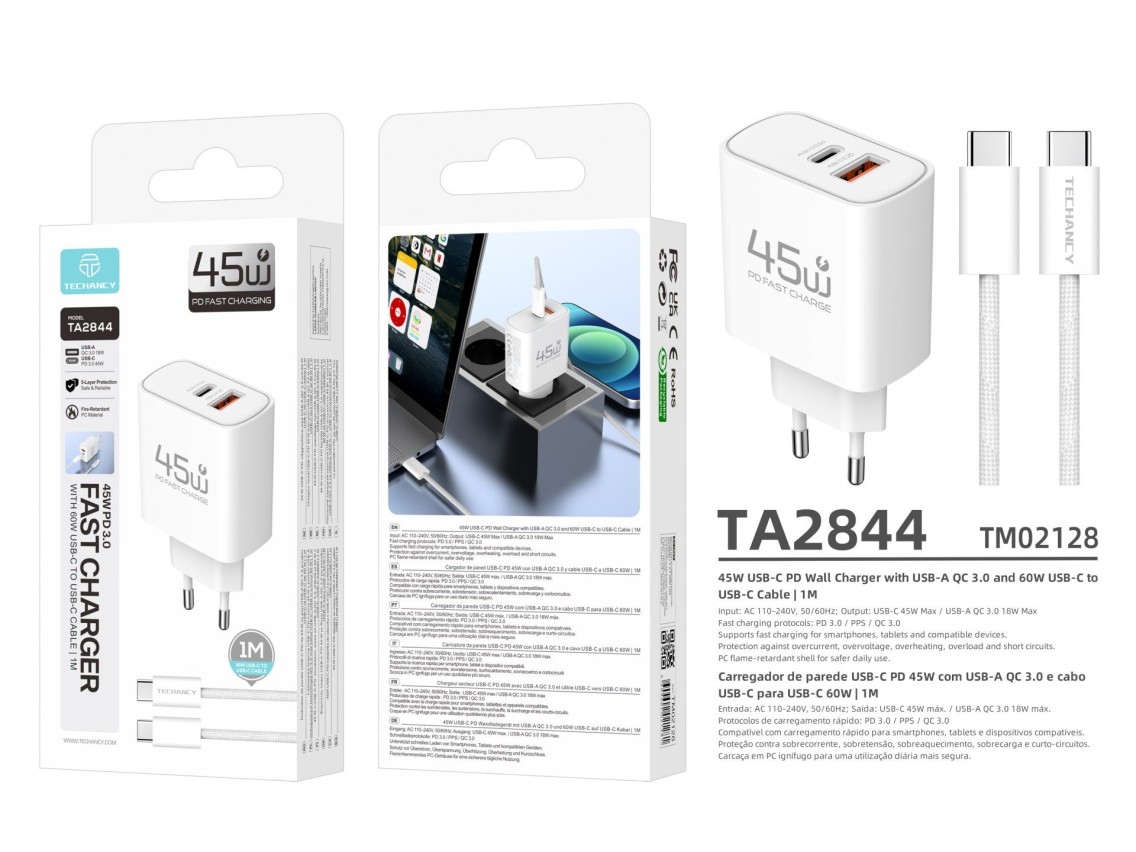 Carregador USB-C 45W TECHANCY TM02128, PD 3.0 PPS, USB-A QC 3.0, Carregamento Rapido, com Cabo USB-C