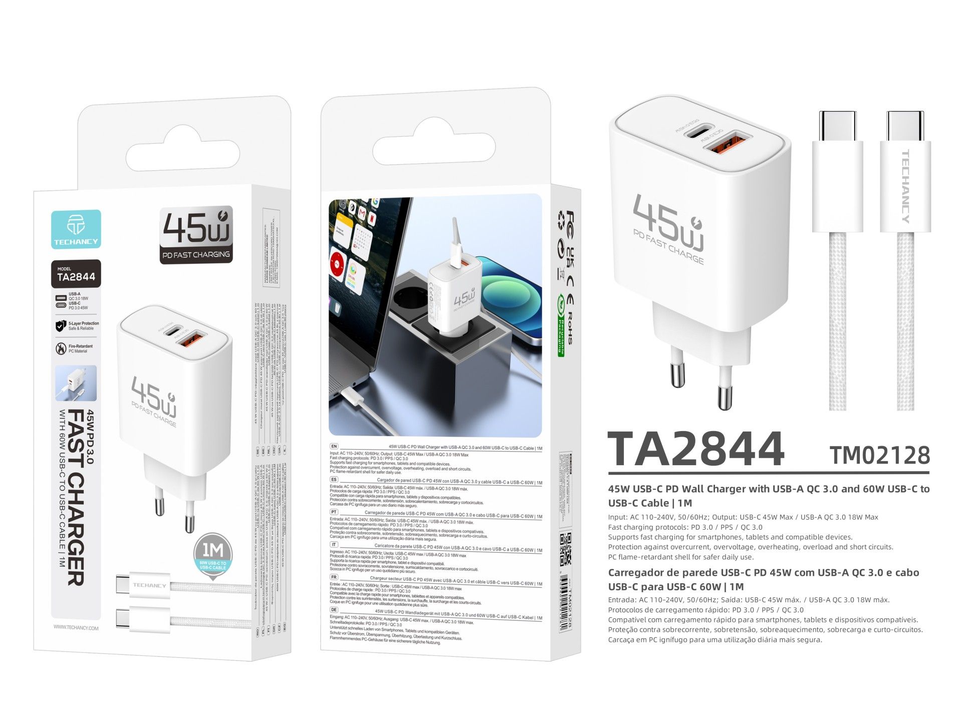 TECHANCY TM02128 45W USB-C Charger, PD 3.0 PPS, USB-A QC 3.0, Fast Charging, with 1m 60W USB-C to US