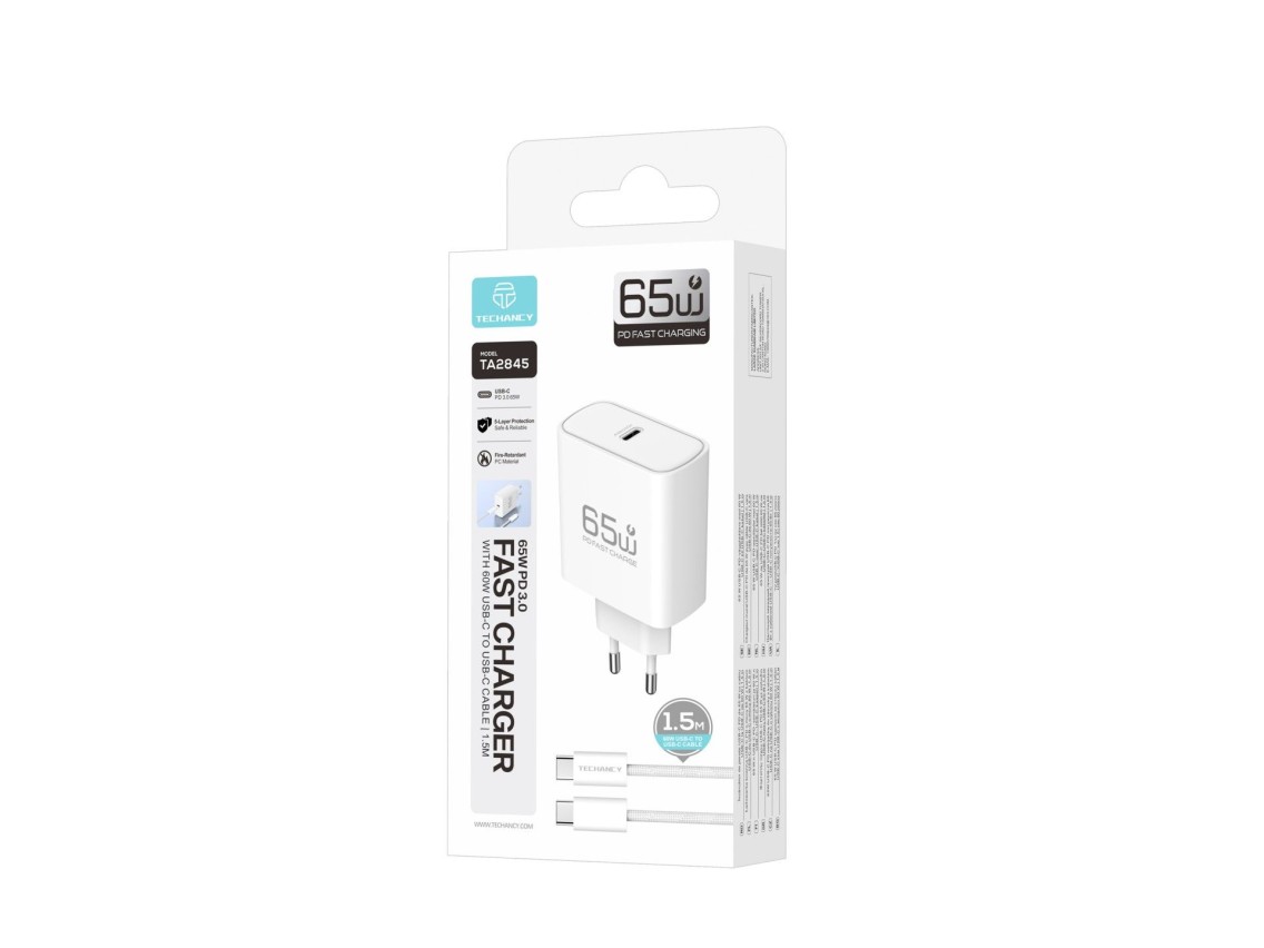 TECHANCY TA2845 65W USB-C Charger, PD 3.0 PPS, Fast Charging, 1.5m 60W USB-C to USB-C Cable Included