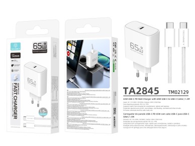 Carregador USB-C 65W TECHANCY TA2845, PD 3.0 PPS, Carregamento Rapido, Cabo USB-C para USB-C 60W de Carregador USB-C 65W TECHANCY TA2845, PD 3.0 PPS, Carregamento Rapido, Cabo USB-C para USB-C 60W de