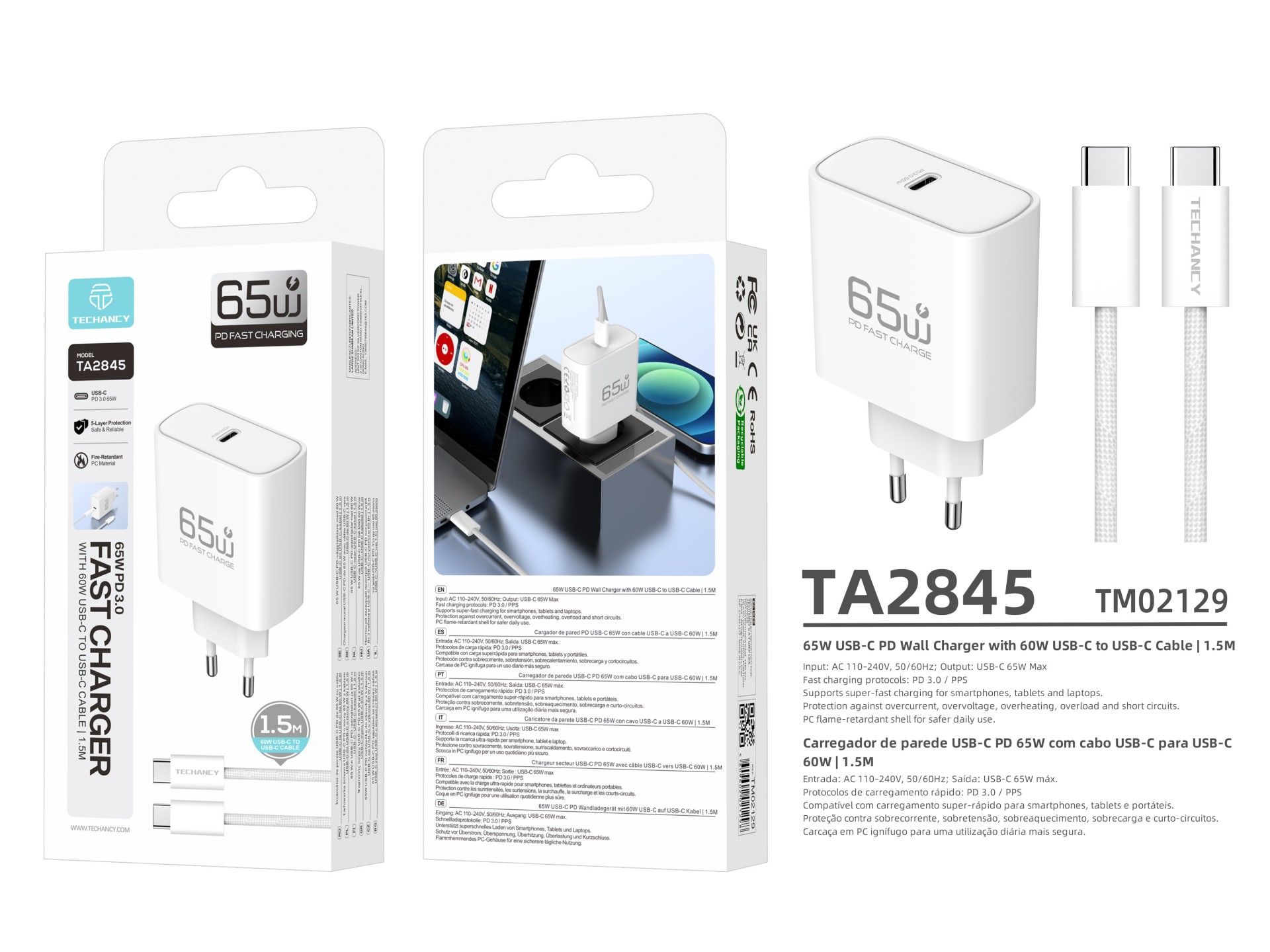 Carregador USB-C 65W TECHANCY TA2845, PD 3.0 PPS, Carregamento Rapido, Cabo USB-C para USB-C 60W de