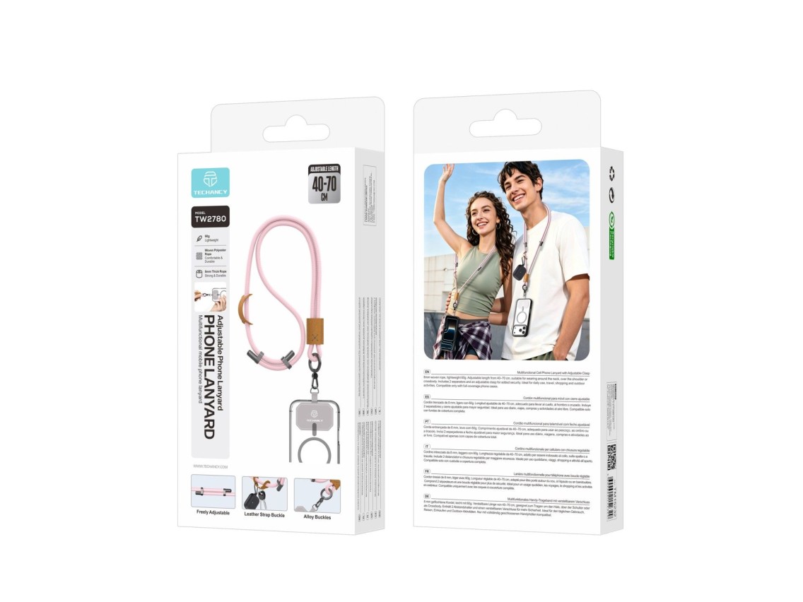 TECHANCY TW2780 Mobile Phone Lanyard, Adjustable 40-70 cm, 8 mm Braided Cord, Neck and Shoulder Stra