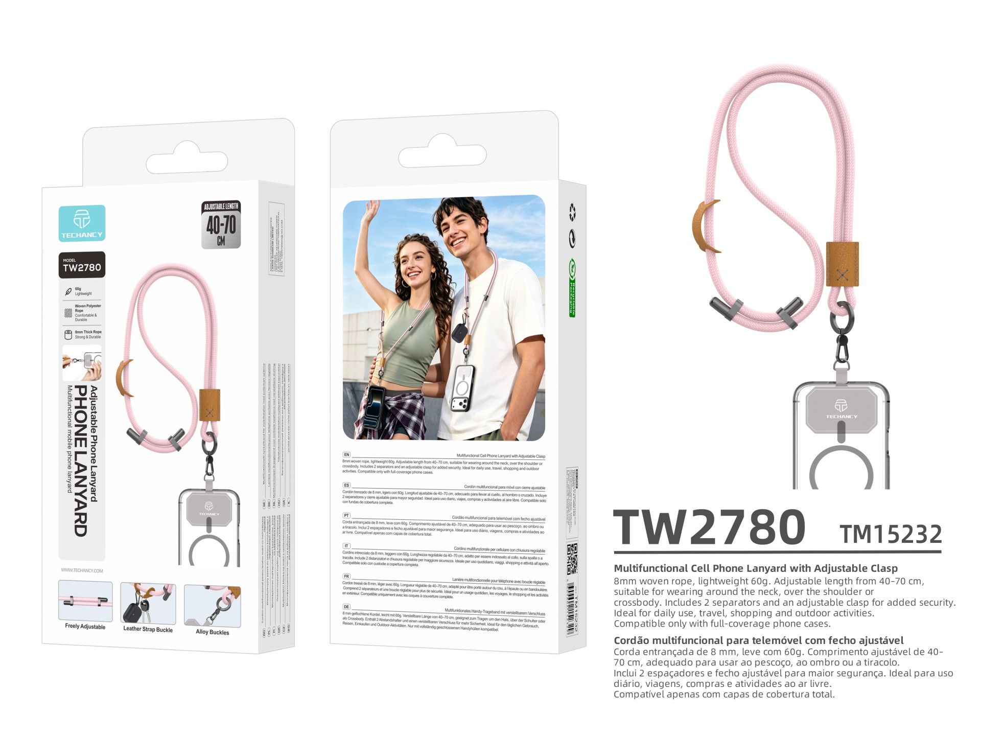 TECHANCY TW2780 Mobile Phone Lanyard, Adjustable 40-70 cm, 8 mm Braided Cord, Neck and Shoulder Stra