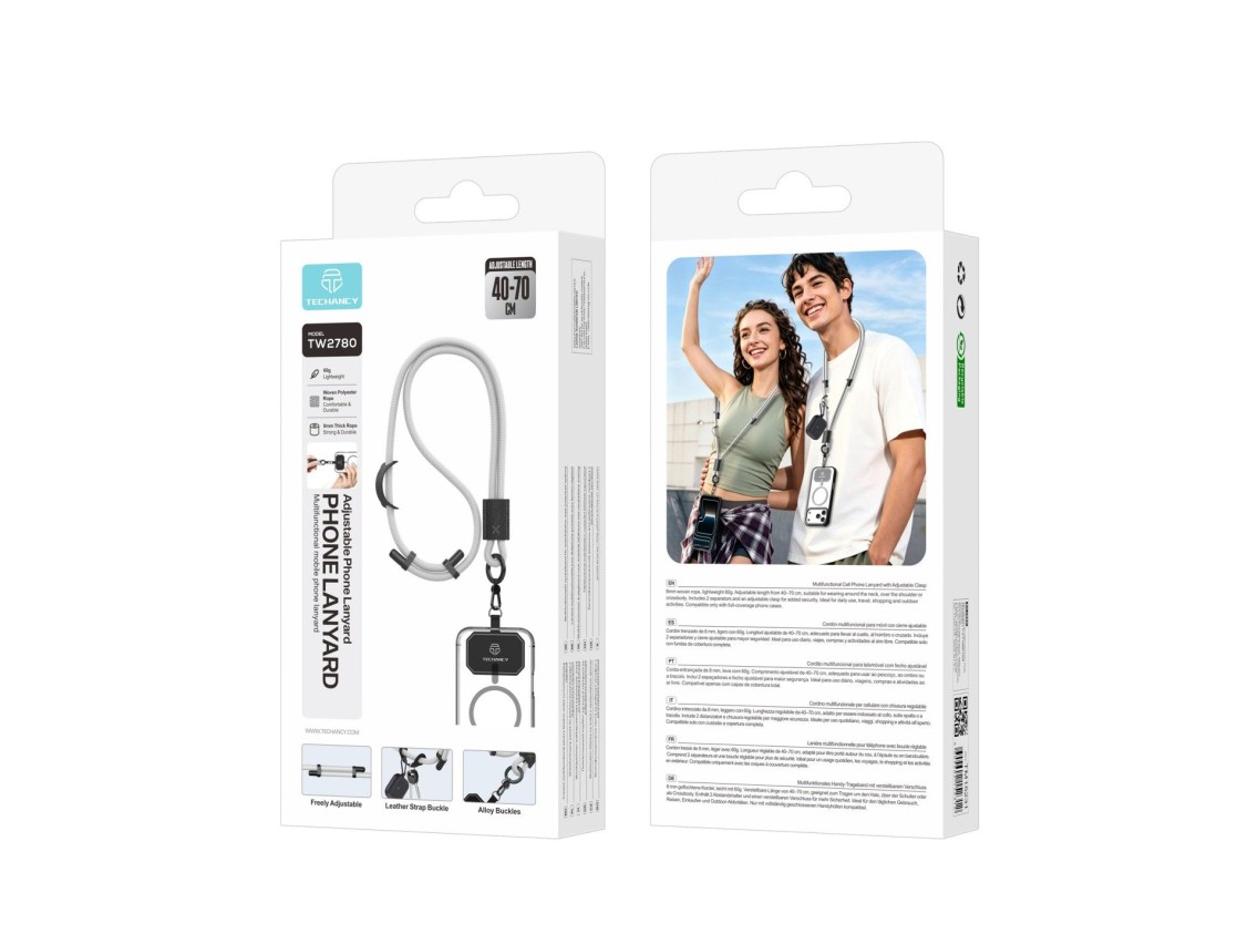 TECHANCY TW2780 Mobile Phone Lanyard, Adjustable 40-70 cm, 8 mm Braided Cord, Neck and Shoulder Stra