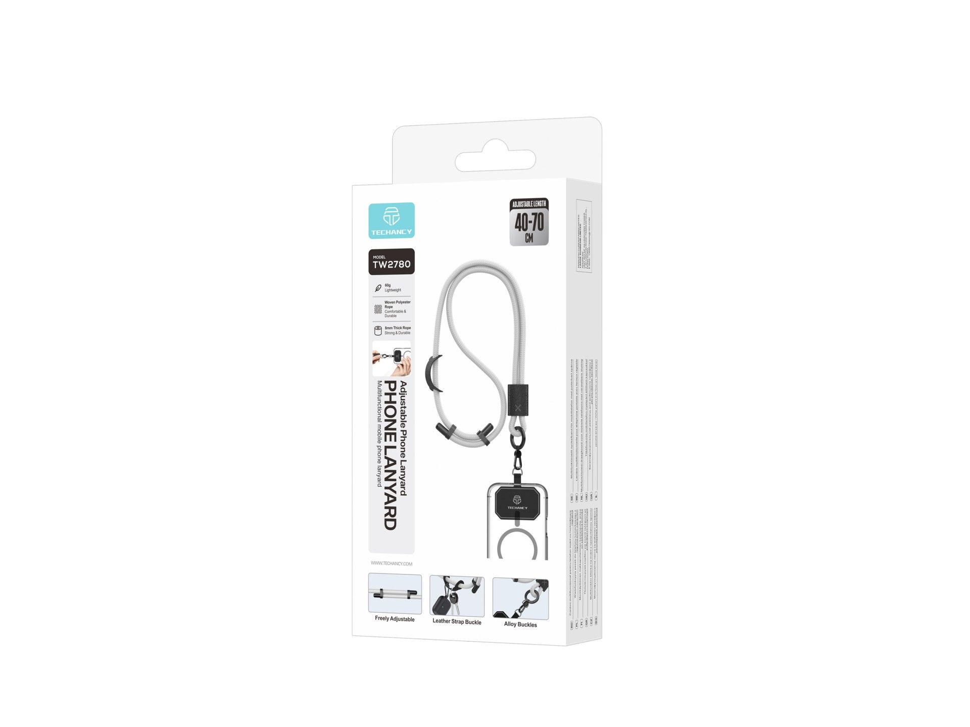TECHANCY TW2780 Mobile Phone Lanyard, Adjustable 40-70 cm, 8 mm Braided Cord, Neck and Shoulder Stra