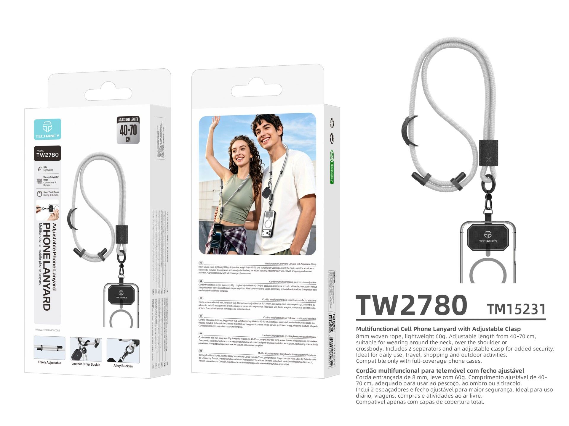 Cordao para Telemovel TECHANCY TW2780, Ajustavel 40-70 cm, Corda Entrancada 8 mm, Pescoco e Tiracolo