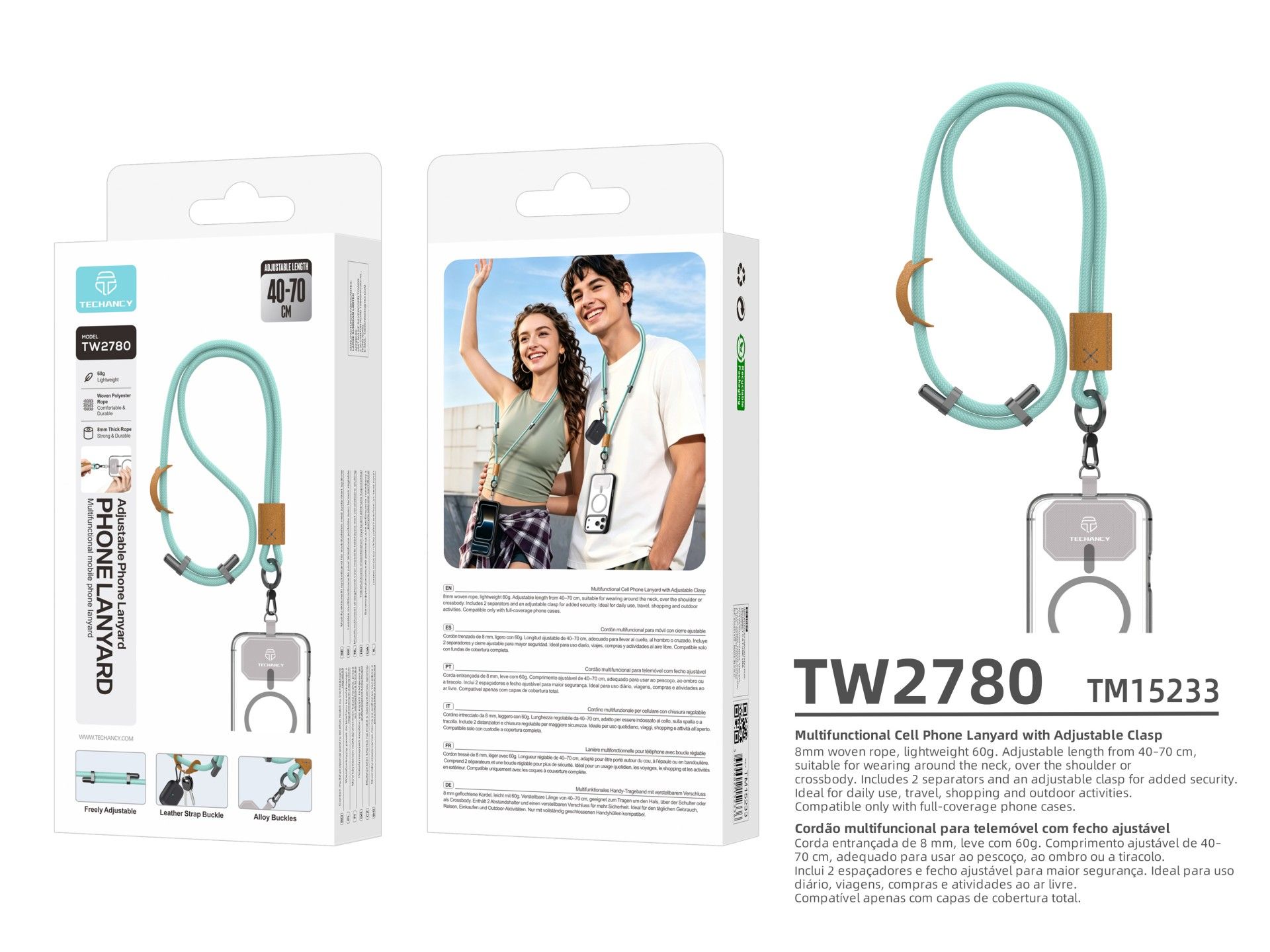 TECHANCY TW2780 Mobile Phone Lanyard, Adjustable 40-70 cm, 8 mm Braided Cord, Neck and Shoulder Stra