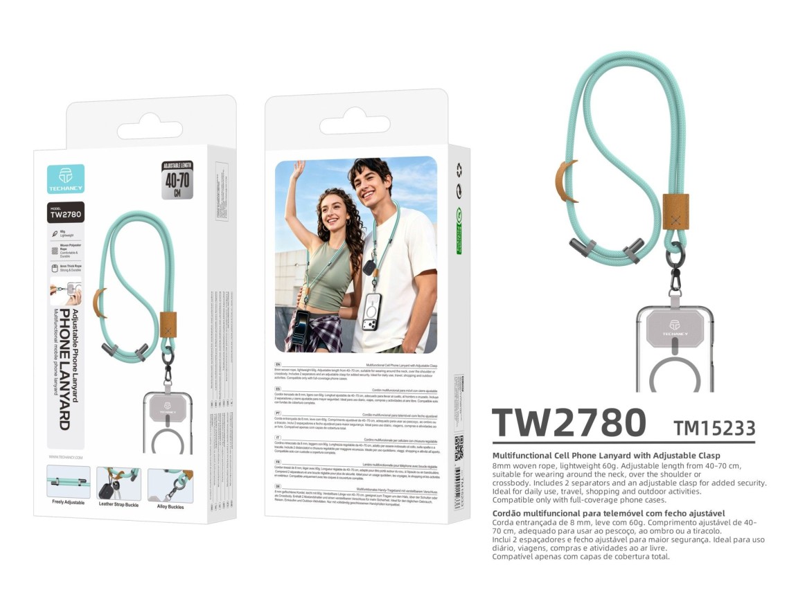 TECHANCY TW2780 Mobile Phone Lanyard, Adjustable 40-70 cm, 8 mm Braided Cord, Neck and Shoulder Stra