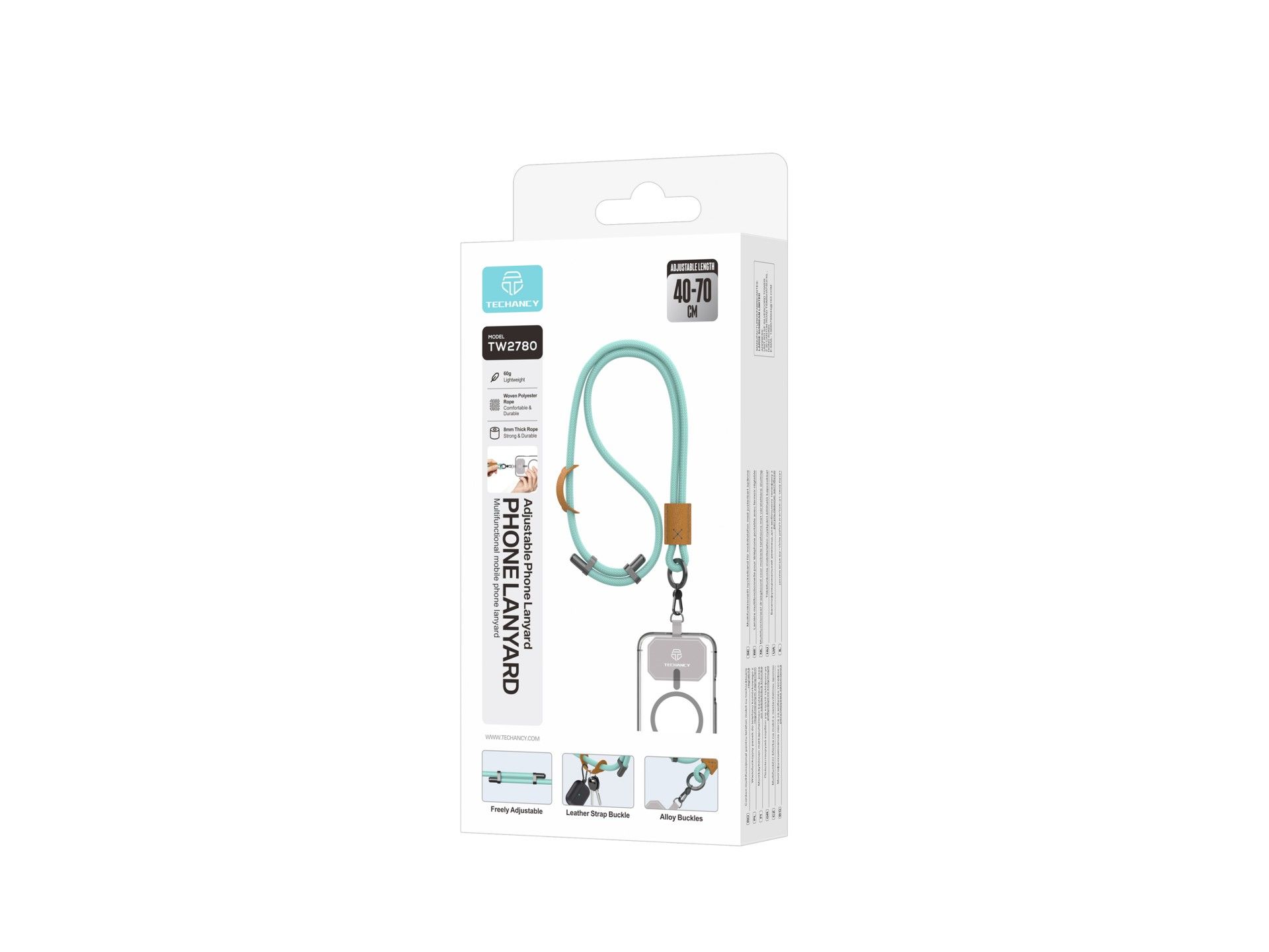 TECHANCY TW2780 Mobile Phone Lanyard, Adjustable 40-70 cm, 8 mm Braided Cord, Neck and Shoulder Stra