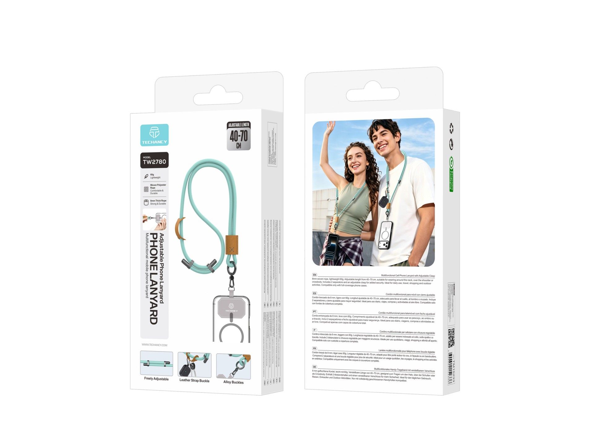 TECHANCY TW2780 Mobile Phone Lanyard, Adjustable 40-70 cm, 8 mm Braided Cord, Neck and Shoulder Stra