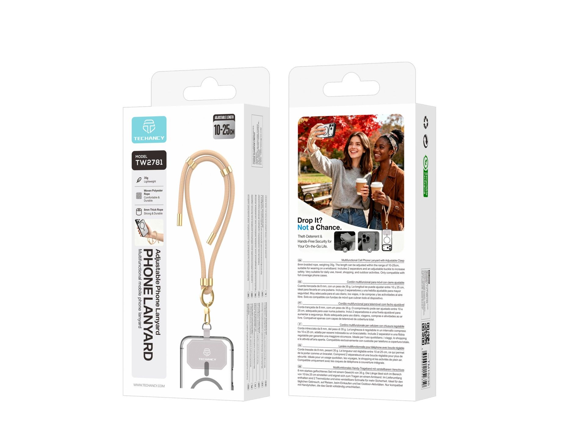 TECHANCY TW2781 Mobile Phone Wristband, Adjustable 10-25 cm, 8 mm Braided Cord, with 2 Snaps, Gold