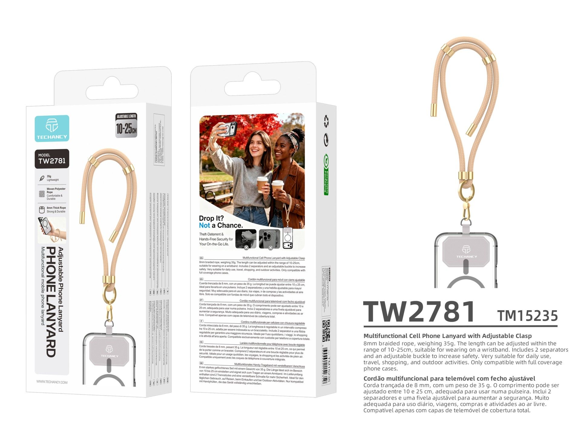 TECHANCY TW2781 Mobile Phone Wristband, Adjustable 10-25 cm, 8 mm Braided Cord, with 2 Snaps, Gold