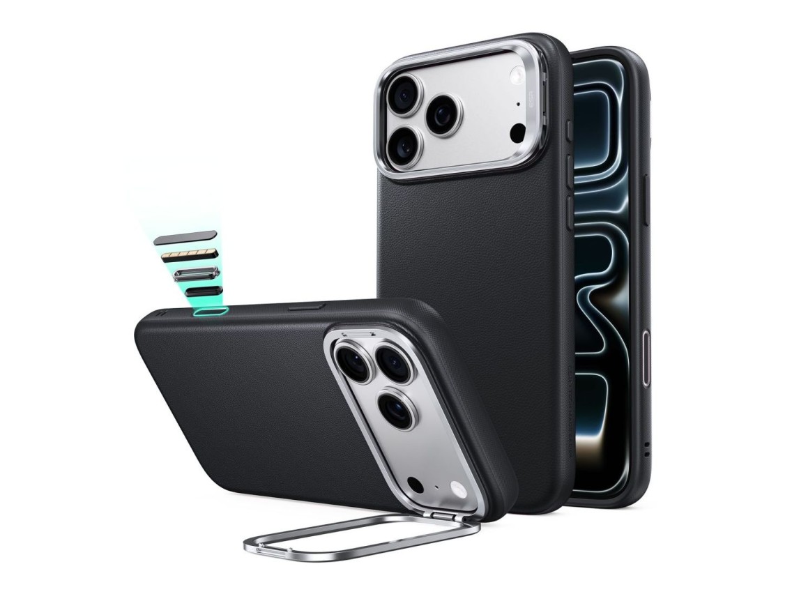 Capa ESR em pele com suporte e MagSafe para iPhone 18 Pro Max / 17 Pro Max - Preta