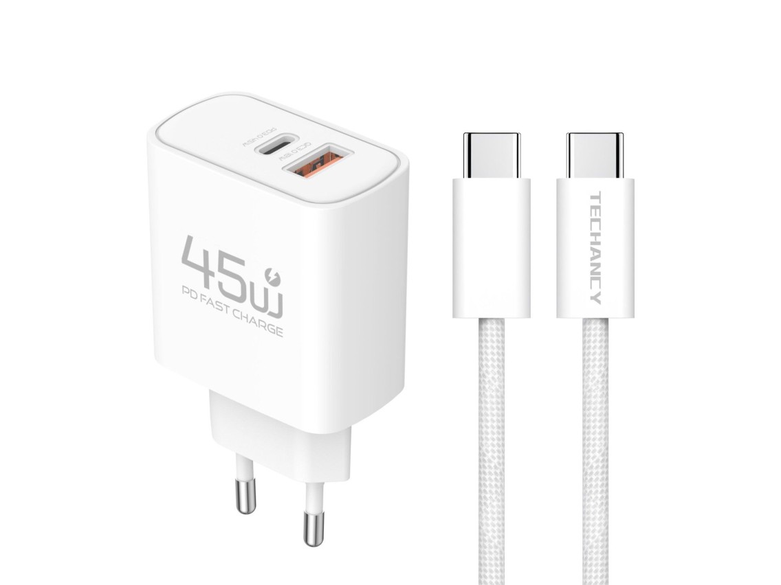 Cargador USB-C TECHANCY TM02128 de 45 W, PD 3.0 PPS, USB-A QC 3.0, carga rápida, con cable USB-C a U